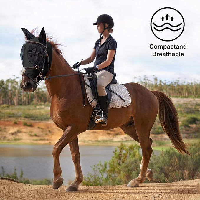 3 Pcs Horse Fly Mask-Fly Masks for Horses with Ears, Breathable Elastic Fabric for Sun Protection for Large/Medium Size Adult Horses (Blue-Black-Gray, Large)