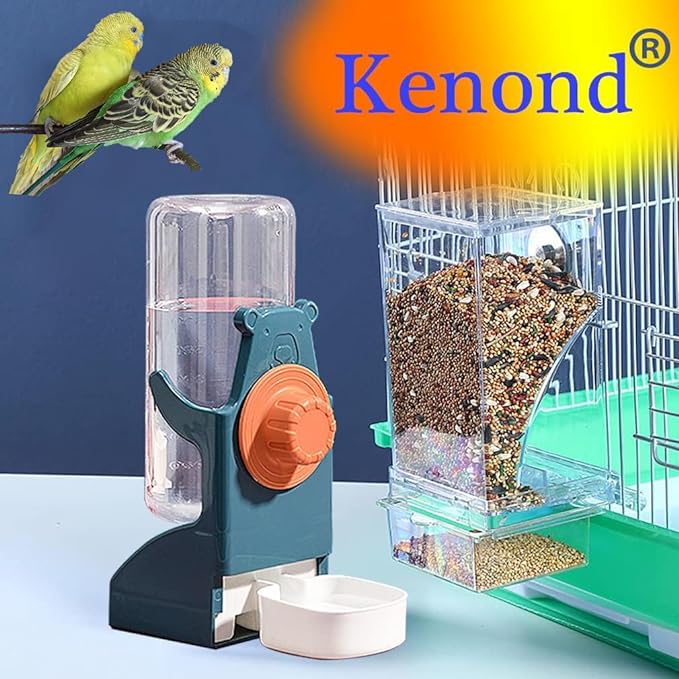 No Mess Bird Feeder Water Dispenser Set, Automatic Parrot Feeder Cage Accessories, Clear Parakeet Seed Container Food Feeder Drinker for Cage, Cockatiel Finch Lovebirds Budgies Canary (Blue)