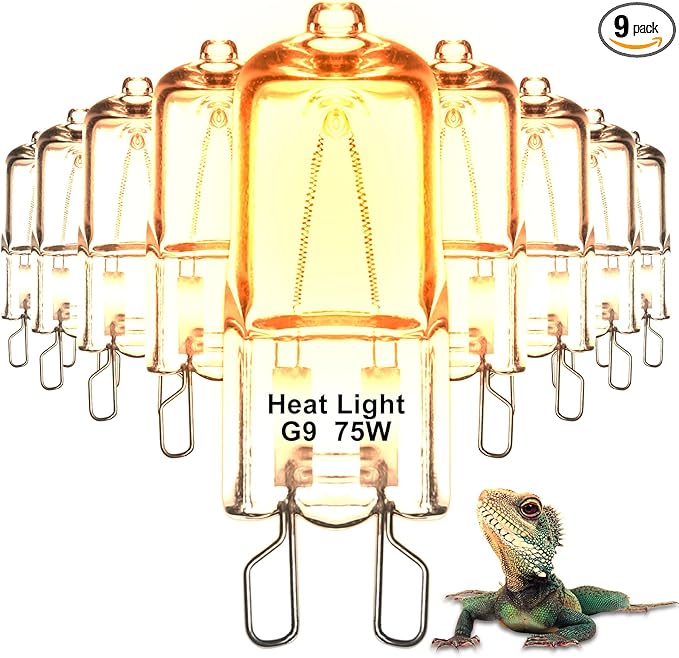 9 Pack Heat Lamp Bulbs for Reptile Dimmable G9 Mini Halogen Bulbs Warm White 75W Essential Heat Source for Bearded Dragon Gecko Turtle Lizard（9Pack）