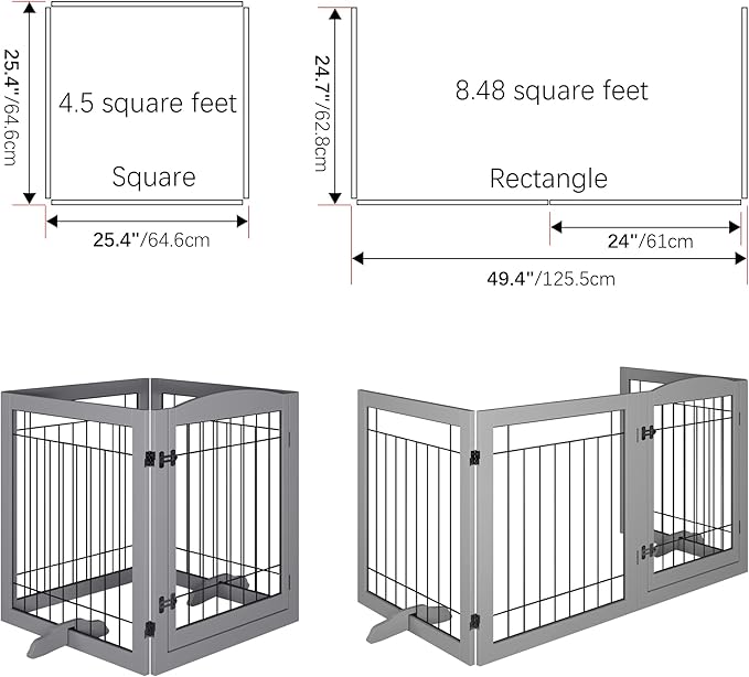 Folding Pet Gate 96" Wide, 30" Tall No-Assembly Wooden Dog Gate with Door Walk Through, Freestanding Wire Pet Gate, Pet Puppy Safety Fence, with 2PCS Support - Gray