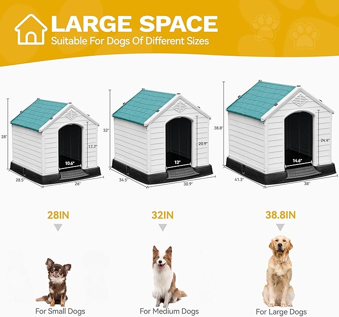 DWVO Large Plastic Dog House, Weatherproof Outdoor/Indoor Doghouse, Puppy Kennel with Air Vents and Elevated Floor, 41.3''L*38''W*38.8''H, Blue