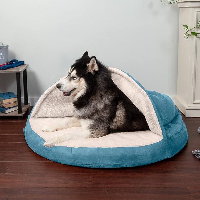 Furhaven 44" Round Memory Foam Dog Bed for Large Dogs w/ Removable Washable Cover, For Dogs Up to 80 lbs - Sherpa & Suede Snuggery - Blue, 44-inch