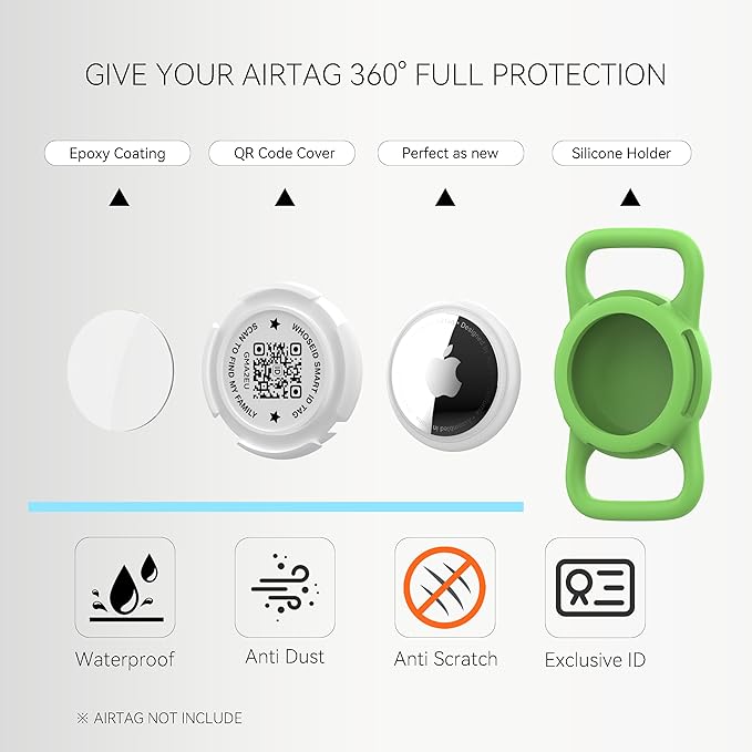 QR Code Airtag Holder, Scan QR Code Send Location Alert Email, Waterproof Full Body Protection Anti-Lost Air Tag Case, Airtag Accessories for Dog, Cats, Collar, Backpack (Green, Regular)