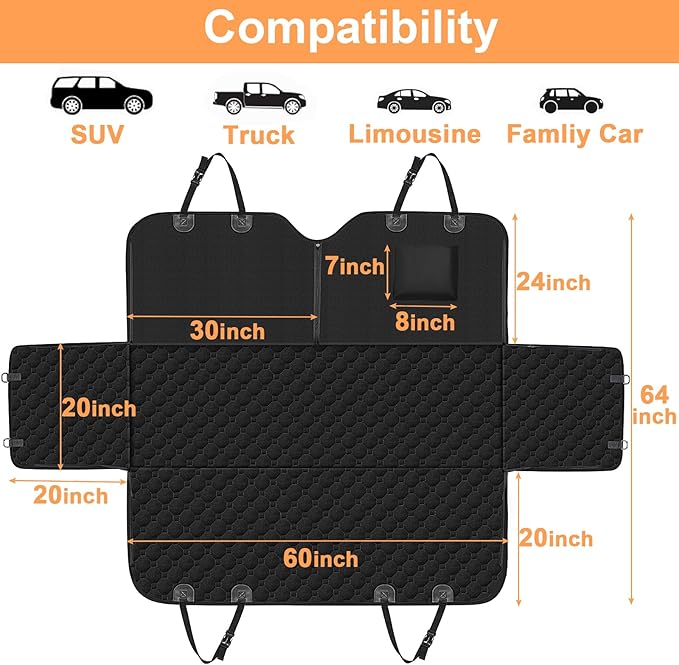 Mancro Dog Car Seat Cover for Back Seat, Waterproof Car Seat Protector for Dogs with Side Flaps, Scratchproof Dog Backseat Cover, Nonslip Dog Hammock for Sedans, SUVs, X-Large, All Black