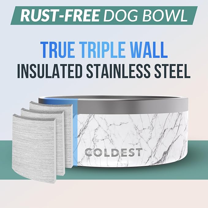 Coldest Dog Bowl - Anti Rust Metal & Non Slip Dog Bowls Large, Spill Proof Heavy Duty 3 Layers Insulated Dog Bowl - Food and Water Bowl for Dogs, Cats & Pets, Dishwasher Safe (100 oz, Carrara Marble)