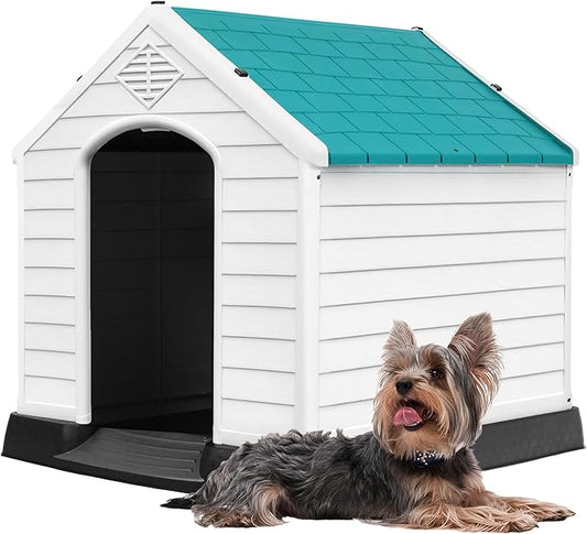 DWVO Robust Weatherproof Dog House, Indoor & Outdoor Safe Haven for Small to Medium Dogs, Easy Assembly & Cleaning (28.5''L*26''W*28''H, Blue)