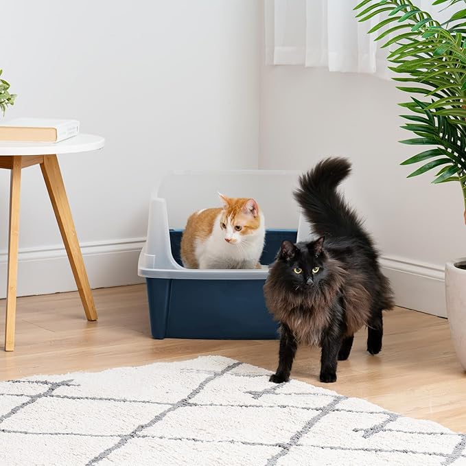 IRIS USA Extra Large Cat Litter Box with Scatter Shield, Open Top High Sided Cat Litter Pan, Navy