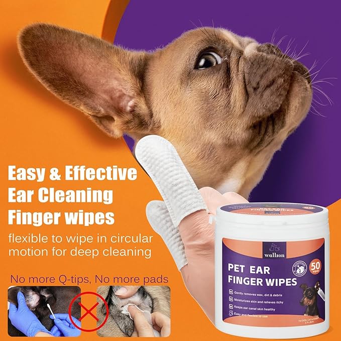 Ear Cleanser Relief Finger Wipes | Ear Cleaning Finger Wipes for Dogs and Cats | Disposable Pet Ear Cleaner Wipes | Relieve Itching & Remove Odor | Ear Care Wipes for Pet (100 Counts)