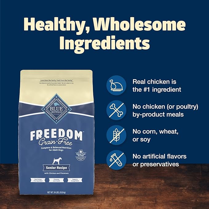 Blue Buffalo Freedom Grain-Free Senior Dry Dog Food, Provides Energy To Stay Active, Made in the USA with Natural Ingredients, Chicken & Potatoes, 24-lb. Bag