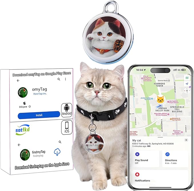 Cat Tracker-Pet Tracker-Cat Tracker Collar | No Charging Required | No Monthly Fee | Waterproof | Works with Any Collar (Android and iOS Universal)