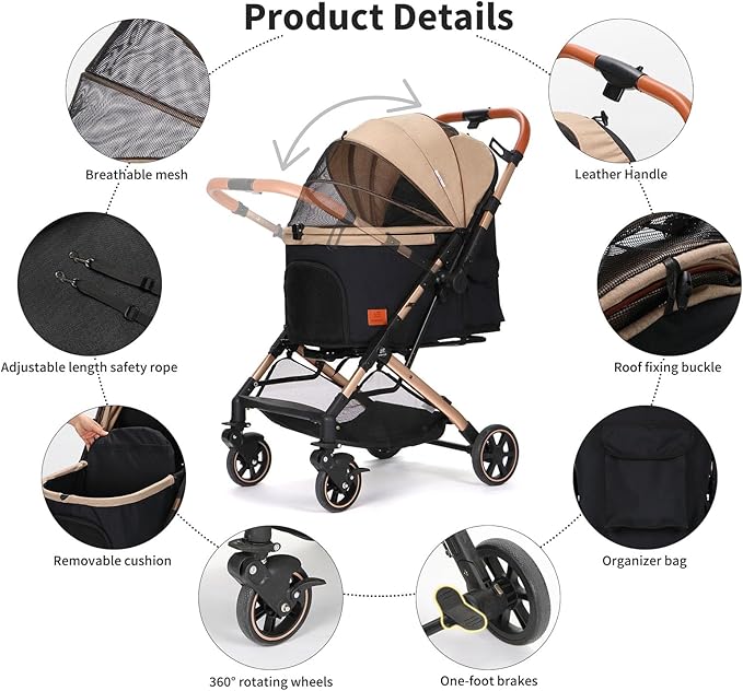 Pet Strollers for Small Medium Dogs Cats, No Zipper Entry with Reversible Handle, One-Hand Foldable Puppy Doggie Jogging Stroller Pet Travel (khaki)