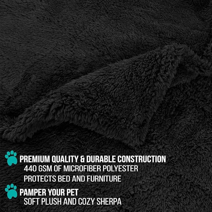 PetAmi Fluffy Waterproof Dog Blanket for Bed Large Dogs, Soft Warm Pet Sherpa Throw Pee Proof Couch Cover, Reversible Cat Blanket Sofa Crate Kennel Protector, Washable Mat Queen (Black, 90x90)