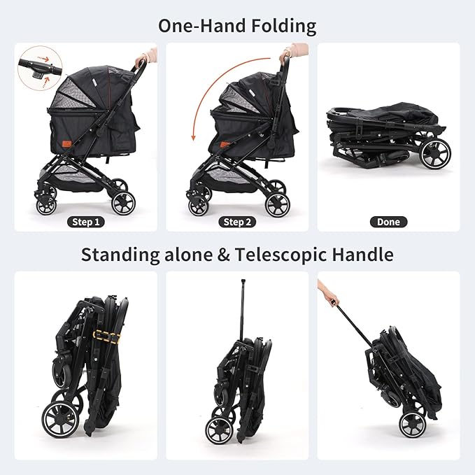 Pet Strollers for Small Medium Dogs Cats, No Zipper Entry with Reversible Handle, One-Hand Foldable Puppy Doggie Jogging Stroller Pet Travel (black & gray)