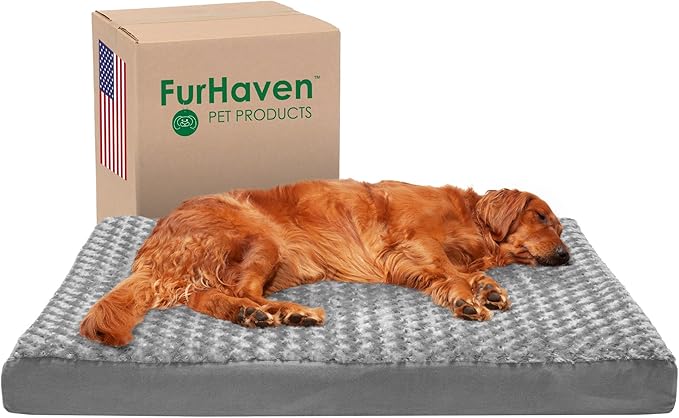 Furhaven Memory Foam Dog Bed for Large Dogs w/ Removable Washable Cover, For Dogs Up to 95 lbs - Ultra Plush Faux Fur & Suede Mattress - Gray, Jumbo/XL