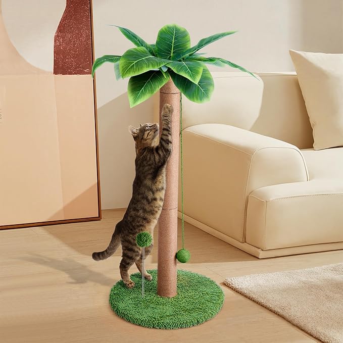 Odoland Cat Scratching Post - Indoor 33 inch Palm Tree Sisal Scratch Posts with Dangling Balls for Kitten and Large Cat - Vertical Scratcher Cute Cat Scratching Post Fun Cat Toy Green