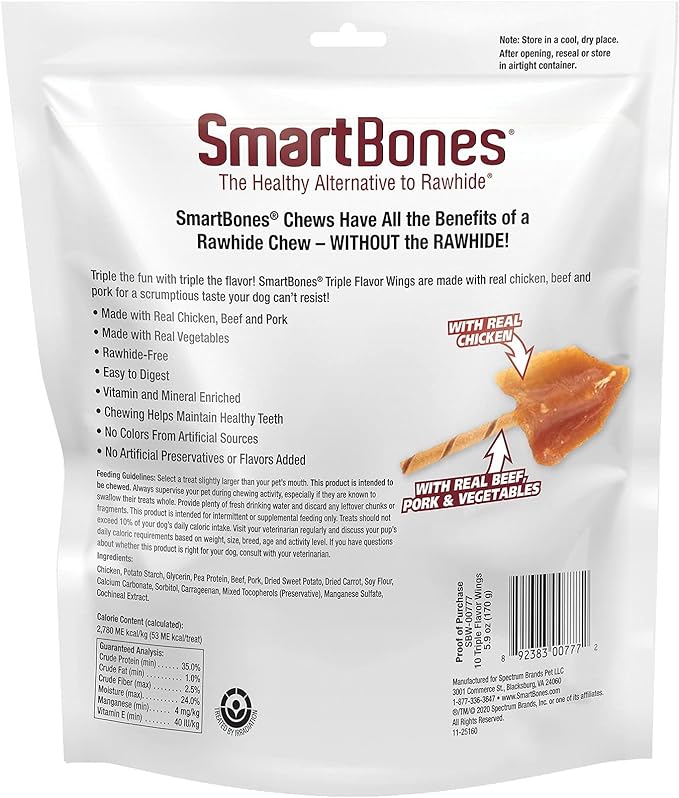 SmartBones No Artificial Colors or Preservatives Rib and Wing Chews, Treat Your Dog to a Fun Shapped Triple Flavor Chew