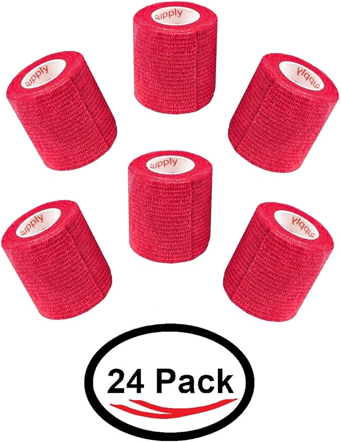 2 Inch Vet Wrap Tape Bulk (Red) (Pack of 24) Self Adhesive Adherent Adhering Flex Bandage Grip Roll for Dog Cat Pet Horse