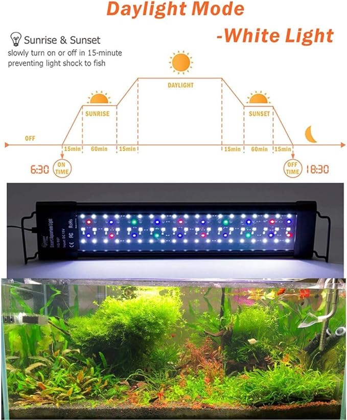 hygger Auto On Off LED Aquarium Light Extendable 12-55 Inches 7 Colors Sunrise Sunset Full Spectrum Light Fixture for Freshwater Planted Tank Build in Timer Sunrise Sunset (36W(24"-30"))