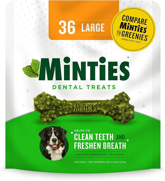 Minties Dental Chews for Dogs, 36 Count, Vet-Recommended Mint-Flavored Dental Treats for Large Dogs Over 50 lbs, Dental Bones Clean Teeth, Fight Bad Breath, and Removes Plaque and Tartar