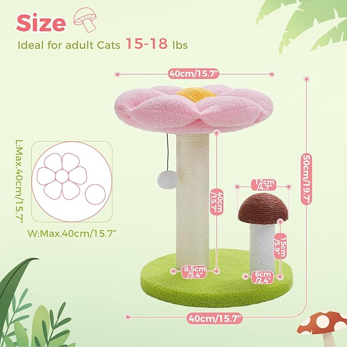 PETEPELA Flower Cat Scratching Post, Mushroom Cat Scratcher Cute with Thick Scratching Post [Dia=3.5''] & Removable Flower Cat Bed, Tall Cat Post for Kittens and Indoor Small Cats, Pink