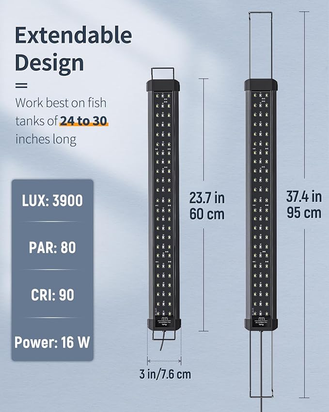 Pawfly 16 W Aquarium LED Light for 24 to 30 Inch Extendable Fish Tank Light with Full Spectrum Brilliant White Blue Red Lights with Daytime & Night Modes Timer Auto On/Off Adjustable Brightness