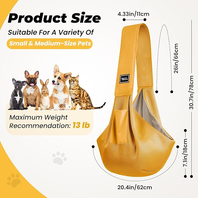 Dog Carrier Sling, Hand-Free Dog Sling Carrier for Small Dogs and Cats，Travel Safety Puppy Bag (Yellow)