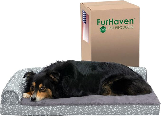 Furhaven Orthopedic Dog Bed for Large/Medium Dogs w/ Removable Bolsters & Washable Cover, For Dogs Up to 55 lbs - Plush & Almond Print L Shaped Chaise - Gray Almonds, Large