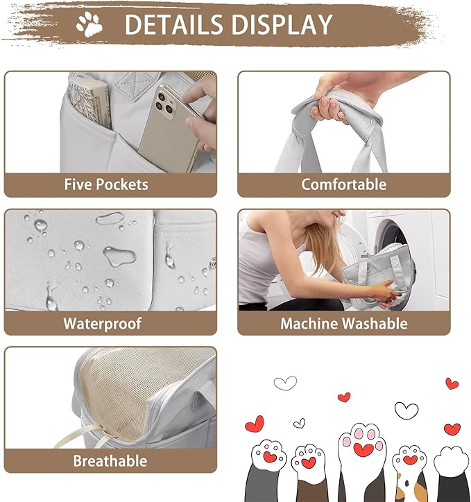 Dog Carriers for Small Dogs, Dog Purse Carrier for Small Dogs, Soft-Sided Dog Carrier Airline Approved, Dog Tote Bag with Six Pockets, Pet Carrier Washable, Oxford Cotton Bag for Puppy Kitten