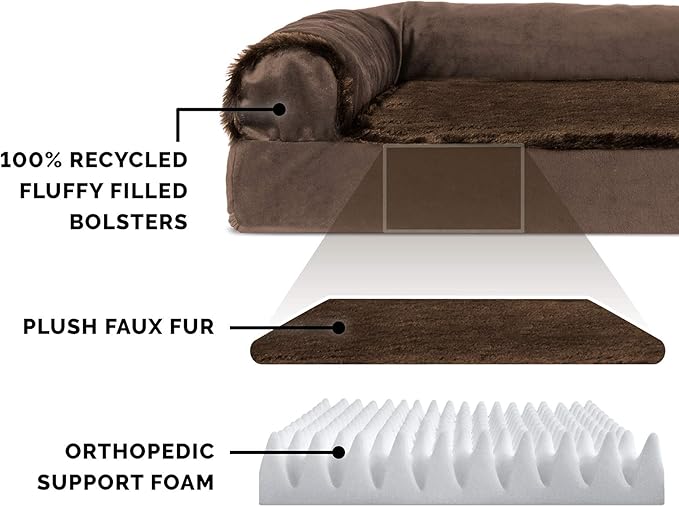 Furhaven Orthopedic Dog Bed for Large Dogs w/ Removable Bolsters & Washable Cover, For Dogs Up to 95 lbs - Plush & Velvet L Shaped Chaise - Sable Brown, Jumbo/XL
