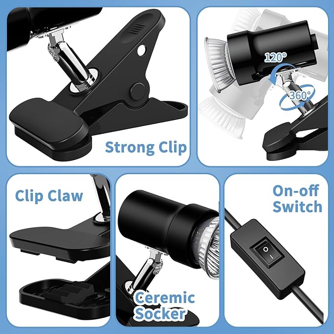 Reptile Heat Lamp, Rotatable UVA/UVB Light Lamp with 2PCS 50W Basking Bulbs, Suitable for Reptiles, Amphibians, Turtle, Lizard, Spiders, Birds, Snake (Black)