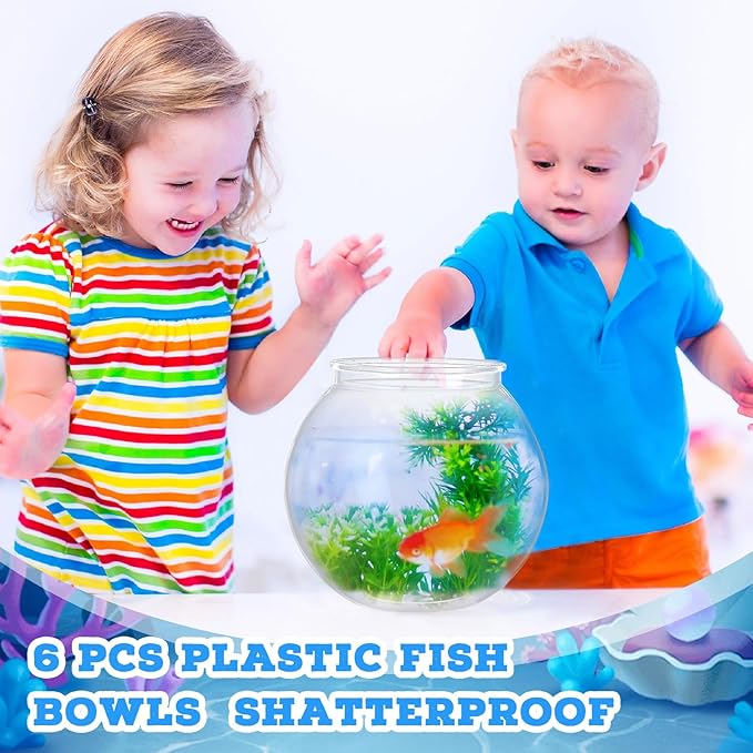 Mifoci 6 Pcs Fish Bowl Plastic Fish Tank Clear 100 oz Goldfish Bowl Multipurpose Round Desktop Aquarium Transparent for Home Office Betta Fish Goldfish Turtle Candy Party Favors, 7.09 x 6.3 Inch