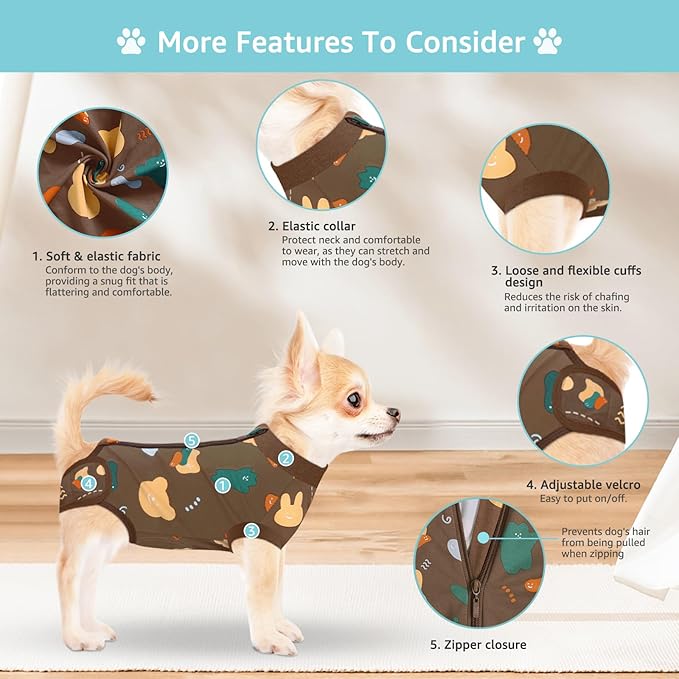 Recovery Suit for Dogs, Dog Surgery Recovery Suit with Zipper Closure Post Spay, Neuter, Abdominal Surgical Suit for Male Female Dogs Can Pee, Prevent Licking Dog Onesies, Brown Bear, XS