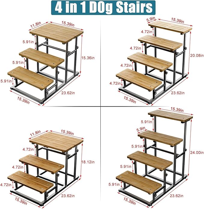 Deformable Bamboo Pet Dog Stairs Dog Steps for High Bed & Couch, Adjusted 4 or 3 Ladder Dog Step Pet Stairs, Metal & Non-Slip Bamboo Board Pet Step Cat Stairs Steps for Small Medium Dogs