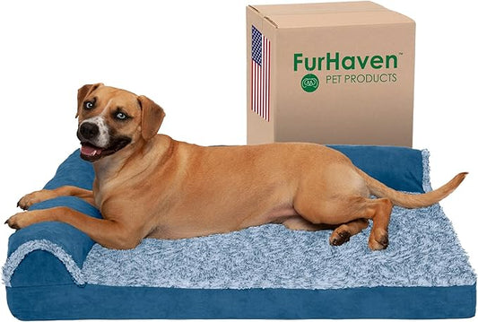 Furhaven Cooling Gel Dog Bed for Large/Medium Dogs w/ Removable Bolsters & Washable Cover, For Dogs Up to 55 lbs - Two-Tone Plush Faux Fur & Suede L Shaped Chaise - Marine Blue, Large