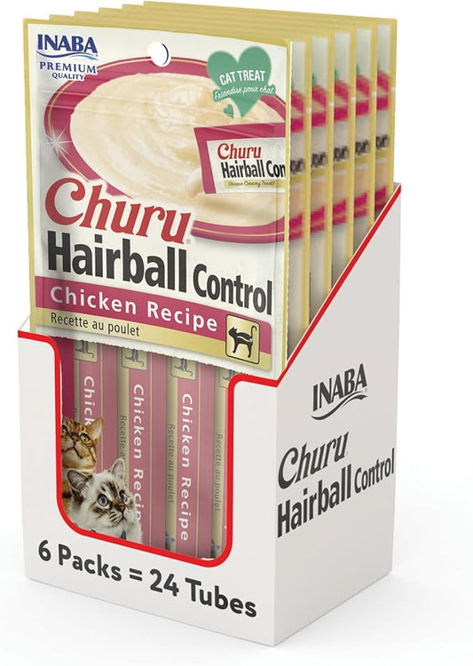 INABA Churu for Cats, Functional, Creamy Lickable Purée Cat Treat for Hairball Control with Taurine & Vitamin E, 0.5 Ounces Each, 4 Tubes (Pack of 6)