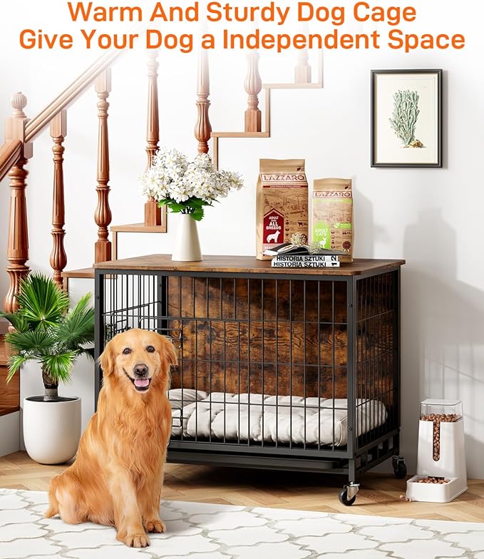 Dog Crate Furniture, 2024 Deluxe Wooden Dog Kennel with Removable Tray and Wheels, Heavy-Duty Double-Doors 27.2" Dog Cage End Table, Indoor Dog House for Large Dogs (Brown & Black, Small)