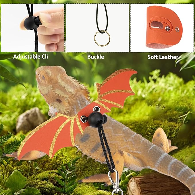 Bearded Dragon Carriers and Leather Leash with Wings,Bearded Dragon Leash Lizard Adjustable Harness,Small Pet Backpack Batwing Accessories for Outdoor Travel-Red