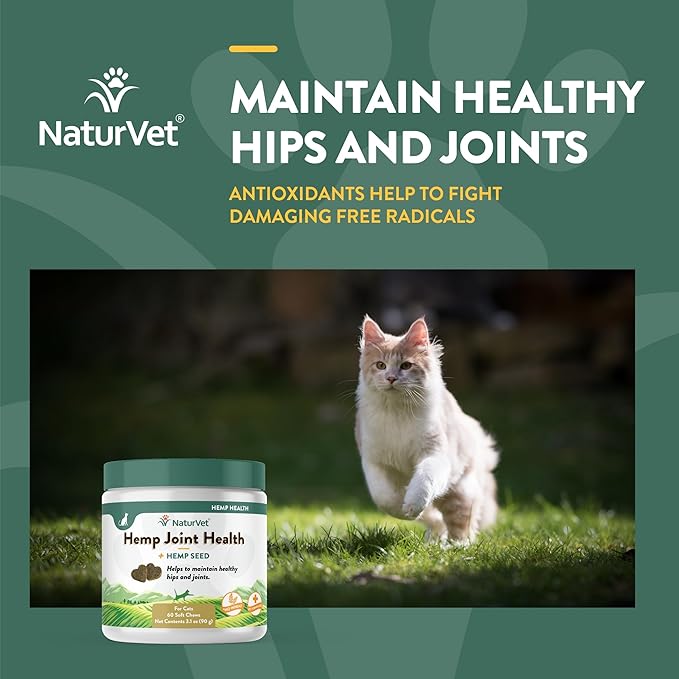NaturVet – Hemp Joint Health for Cats - Plus Hemp Seed – 60 Soft Chews – Supports Healthy HIPS & Joints – Enhanced with Glucosamine, MSM & Hemp Seed– 30 Day Supply