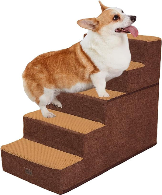 Dog Stairs for Small Dogs - Foam Pet Steps for High Beds and Couch, Non-Slip Folding Dog Steps Portable Pet Stairs for Large Dog and Cats,5 Step, Brown