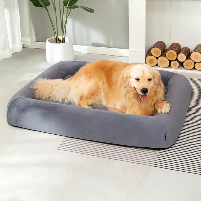 Orthopedic Dog Bed for Large Dogs Waterproof Pet Bed Soft Sofa with Two Fabrics Washable Removable Cover Egg Foam Support Anti-Slip Bottom Extra Head and Neck Support Sleeper,XL Grey