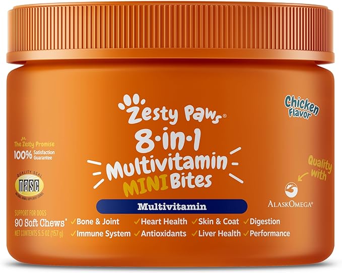 Zesty Paws Multivitamin Treats for Dogs - Glucosamine Chondroitin for Joint Support + Digestive Enzymes & Probiotics - Grain Free Dog Vitamin for Skin & Coat + Immune Health - Chicken - Mini - 90ct