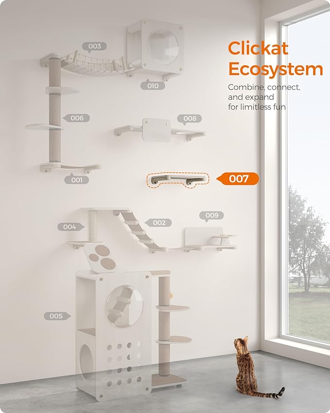 Feandrea Clickat Collection - No.007 Cat Shelf, Wall-Mounted Cat Perch for Indoor Cats, Cat Wall Shelves, Extremely Quick Assembly, Unlimited Expandability, Replaceable Module and Felt Pad