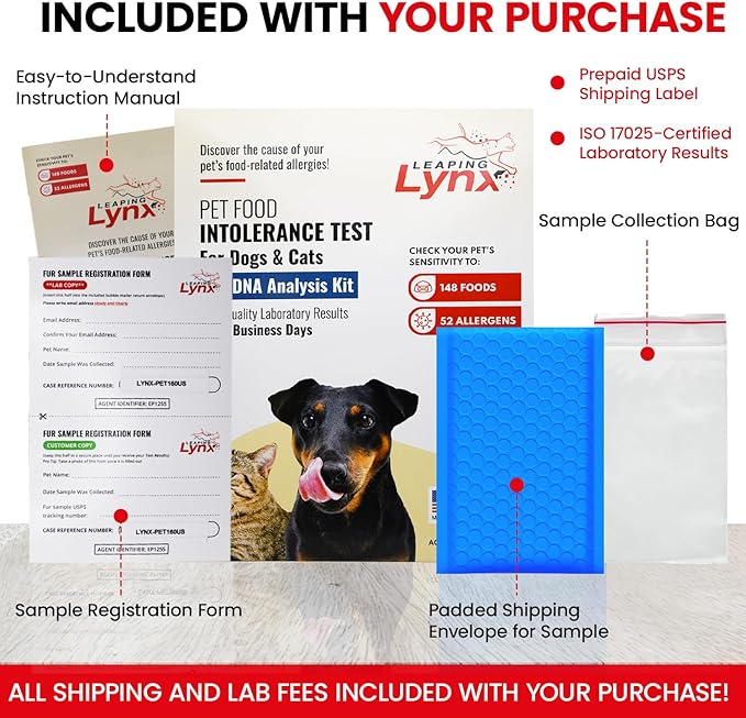 Vet-Recommended Pet Food Sensitivity & Intolerance Test Kit for Dogs & Cats, Lab Fee Included, Results in 3 Days - Fur Analysis for ~200 Foods & Allergens, Allergy Test Kit for All Breeds & Ages