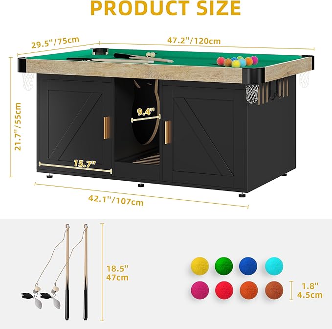 DWVO Cat Litter Box Enclosure for 2 Cats, Litter Box Enclosure Furniture Hidden with Double Room, 2-in-1 Wooden Cat Cabinet with Mini Pool Table Tower, 2 Feather Teaser Sticks & 8 Felt Balls, Black