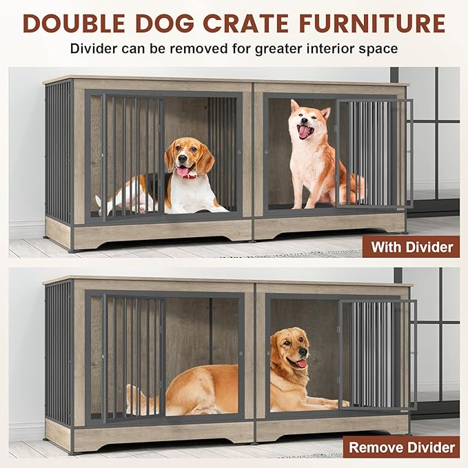 75 Inch Double Dog Crate Furniture for 2 Large Dogs with Trays, 3-in-1 Grey Large Double Dog Kennel TV Stand with Divider