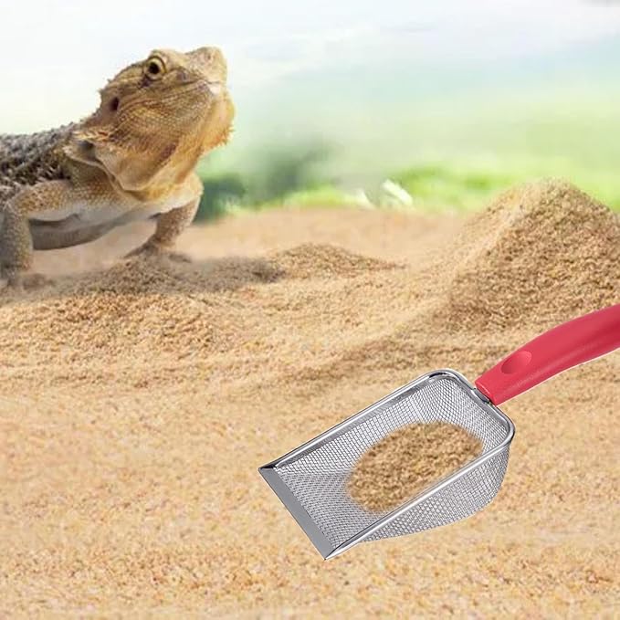 Reptile Sand Substrate Scoop Reptile Sand Fine Mesh Reptile Scooper Stainless Steel Terrarium Substrate Sand Bedding Litter Cleaner Scoop and Reptile Long Feeding Tongs Set (Red-1mm)