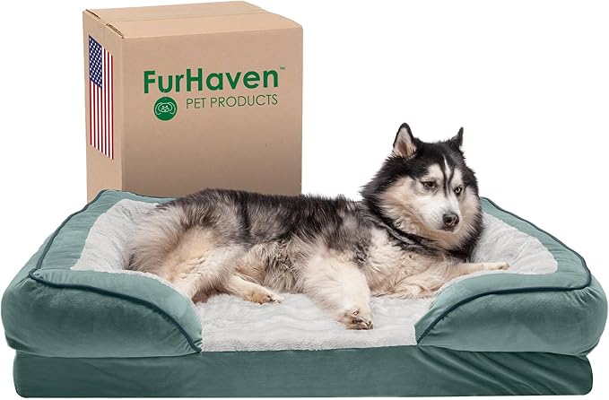 Furhaven Memory Foam Dog Bed for Large Dogs w/ Removable Bolsters & Washable Cover, For Dogs Up to 95 lbs - Plush & Velvet Waves Perfect Comfort Sofa - Celadon Green, Jumbo/XL