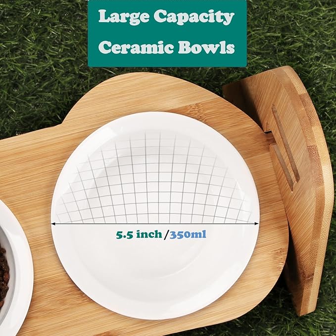 Raised Cat Food Bowls, 2 Elevated Ceramic Bowls 15° Tilted Orthopedic Feeding Dishes Solid Bamboo Pet Bowls Feeder Set for Cats and Puppy Feeding Station Kitty Bowl Set for Food and Water