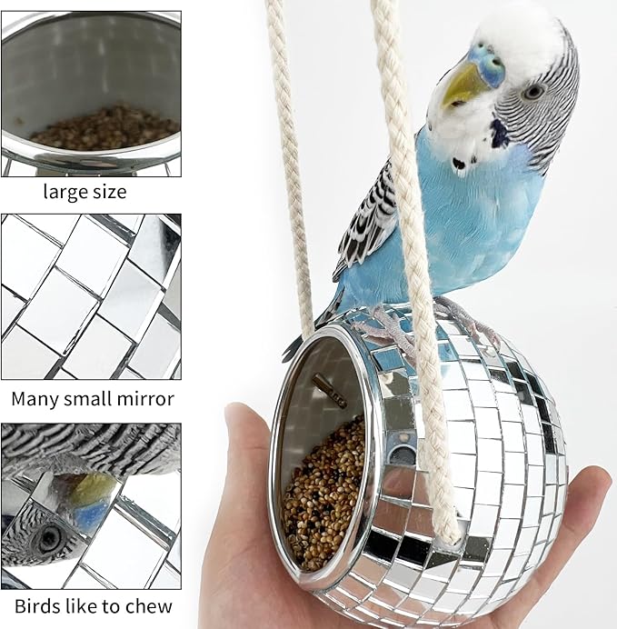 Bird Cage Disco Feeder - Creative Hanging Bird Disco Ball Feeder Seed Food Cup for Cage - Mirror Ball Bird Food Water Bowl for Cage - Wide Application Feeder for Wild Bird, Parrot