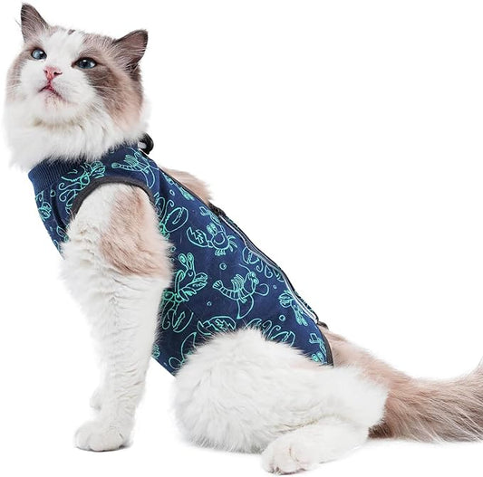 Cat Surgery Recovery Suit Cat Onesie for Cats After Surgery for Surgical Abdominal Wound Or Skin Diseases E-Collar Alternative Wear Cat Neutering Bodysuit Wear (Dark-blue-S)